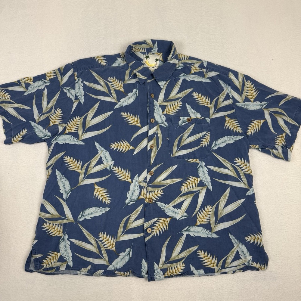 Banana Cabana Mens XXL 100% Silk Hawaiian Shirt Blue Tropical Floral Camp